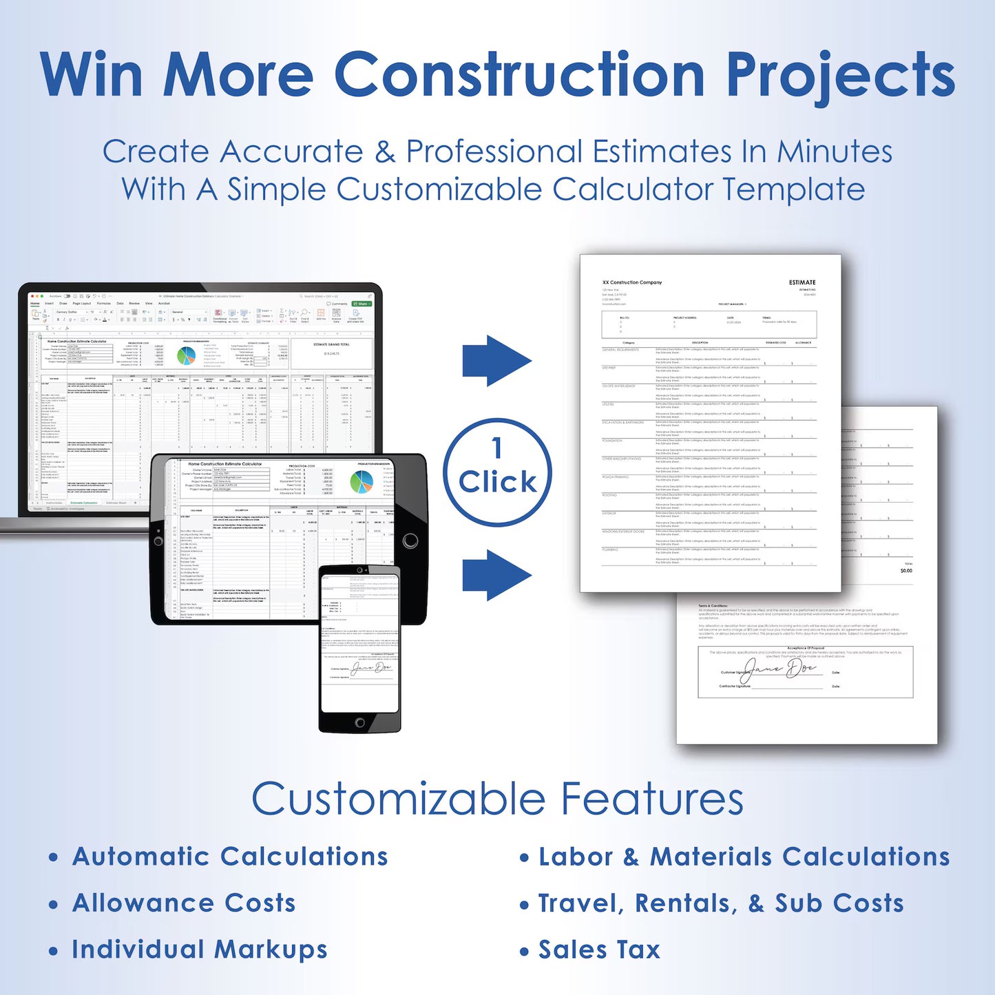 Construction Estimate Calculator Pro, Digital Printable Estimate Builder Template, Contractor Estimate Spreadsheet & Project Management